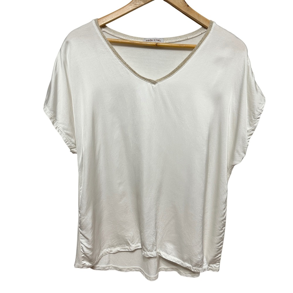 Made in Italy Silk Blend V-Neck Top Women M/L White Gold Metallic Euro Chic